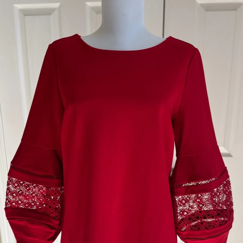 Chico's Vibrant Red Dress with Lace Sleeves, M - Picture 7 of 14
